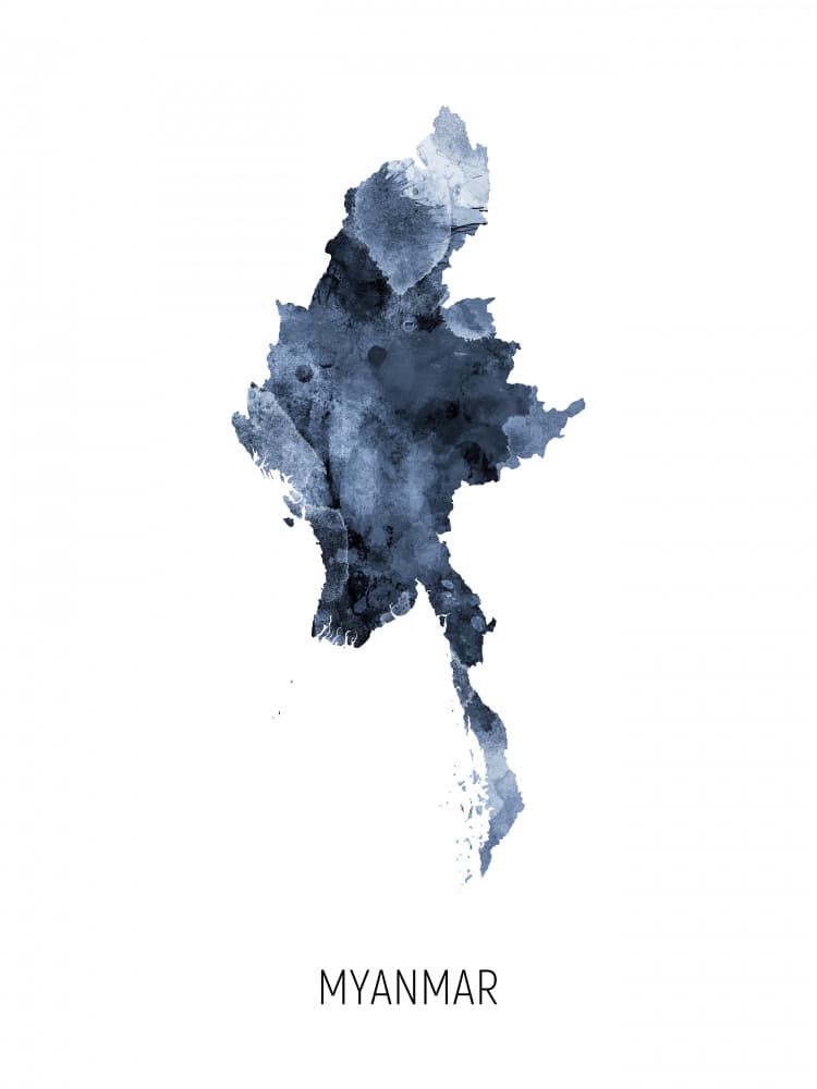 Myanmar Watercolor Map by Michael Tompsett — canvas wall art