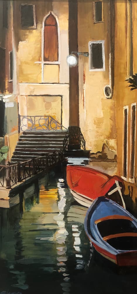 Evening Canal Boats by Maxine Shore — canvas wall art