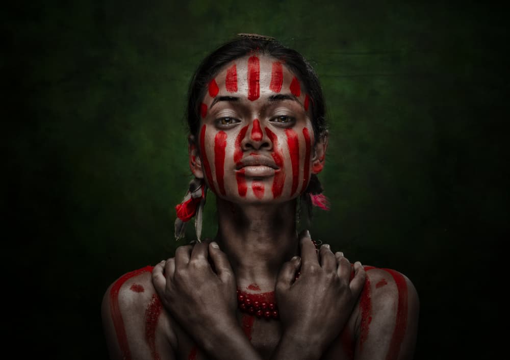 Red Paint Woman Portrait by PARTHA BHATTACHARYYA — canvas wall art