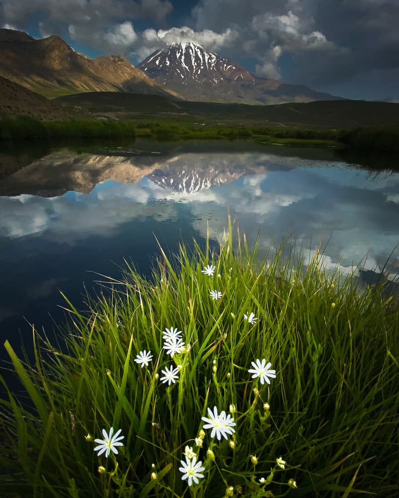 Serene Mountain Lake Reflection by Majid Behzad — canvas wall art