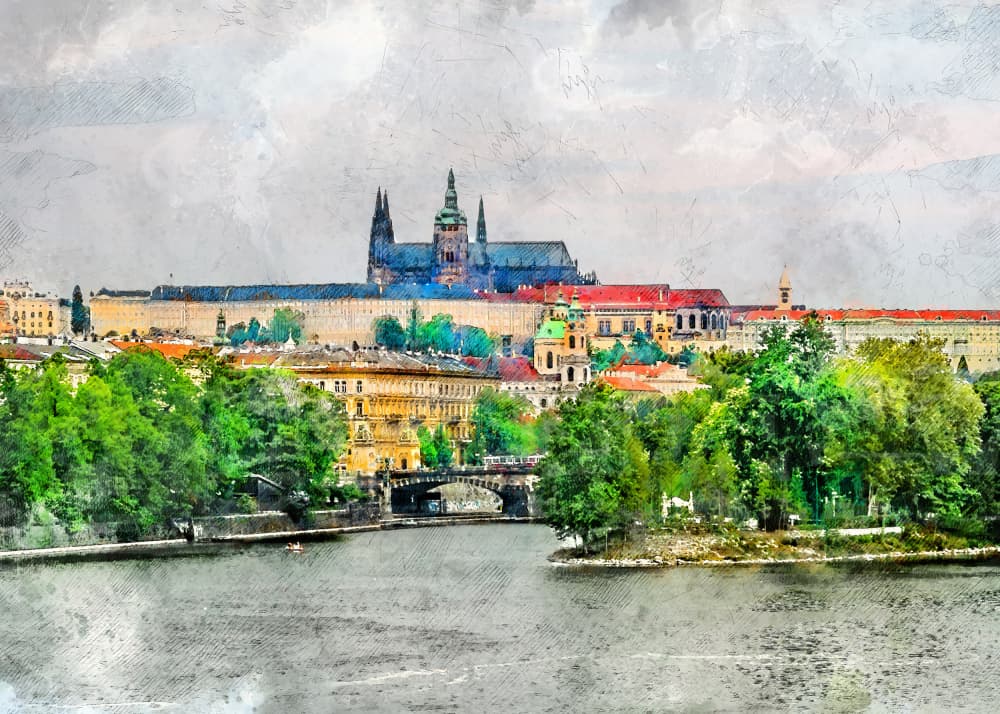 Historic Prague River View by Justyna Jaszke — canvas wall art