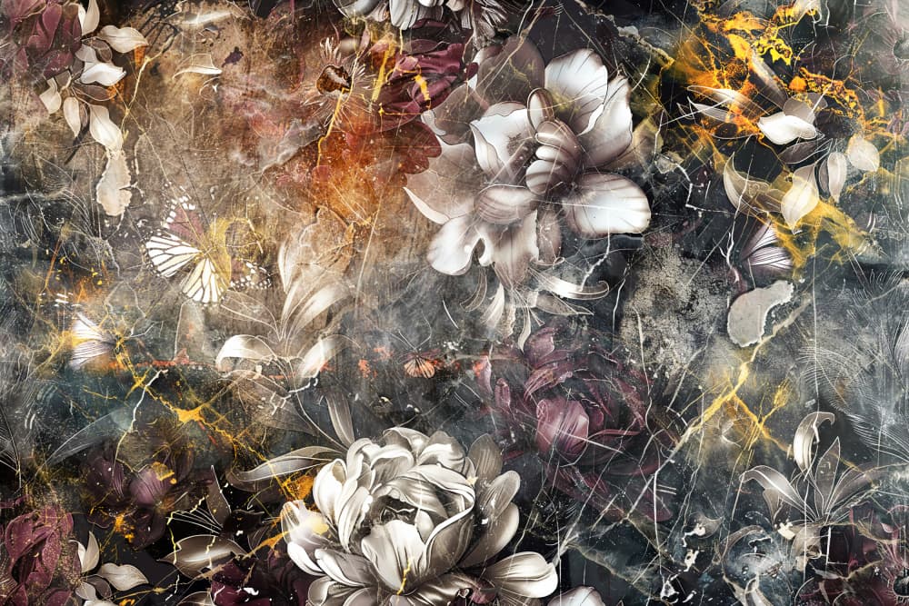 Moody Peonies Gold Marble by Rafal Kulik — canvas wall art