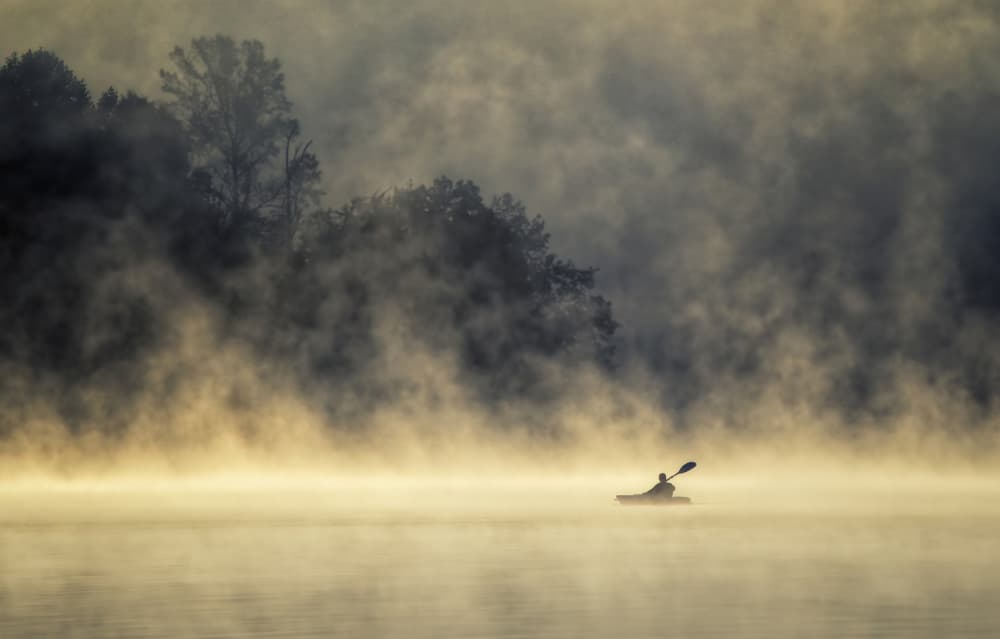 Misty Morning Kayak by Hannah & Wei — canvas wall art