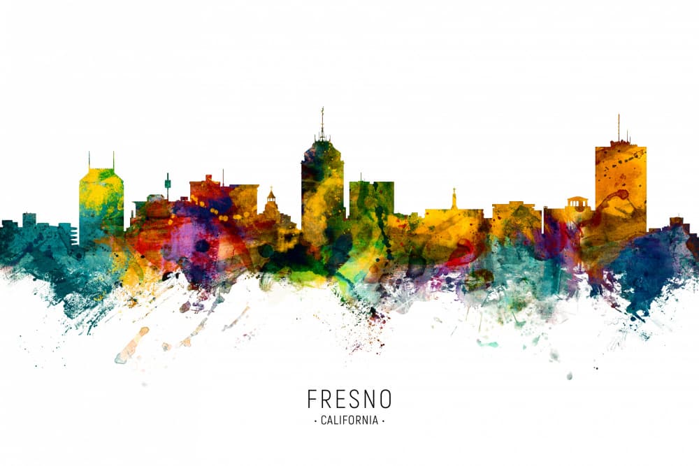 Fresno Watercolor Skyline by Michael Tompsett — canvas wall art