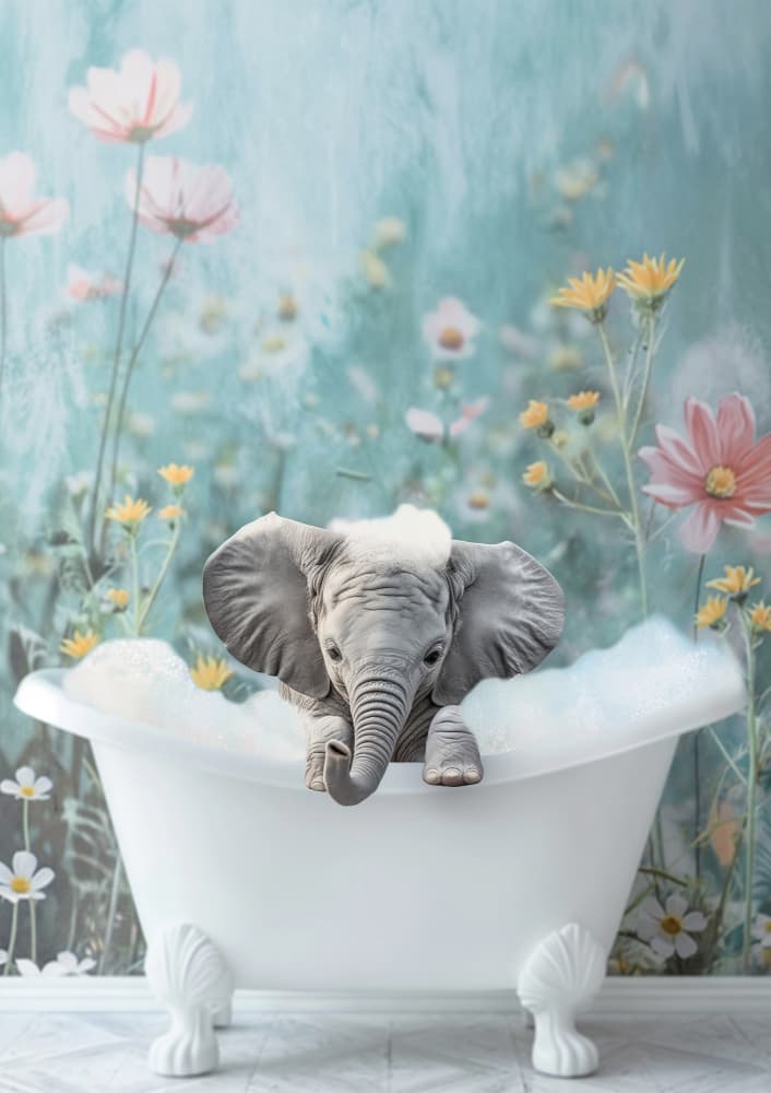 Baby Elephant Bubble Bath by Niky Rahner — canvas wall art