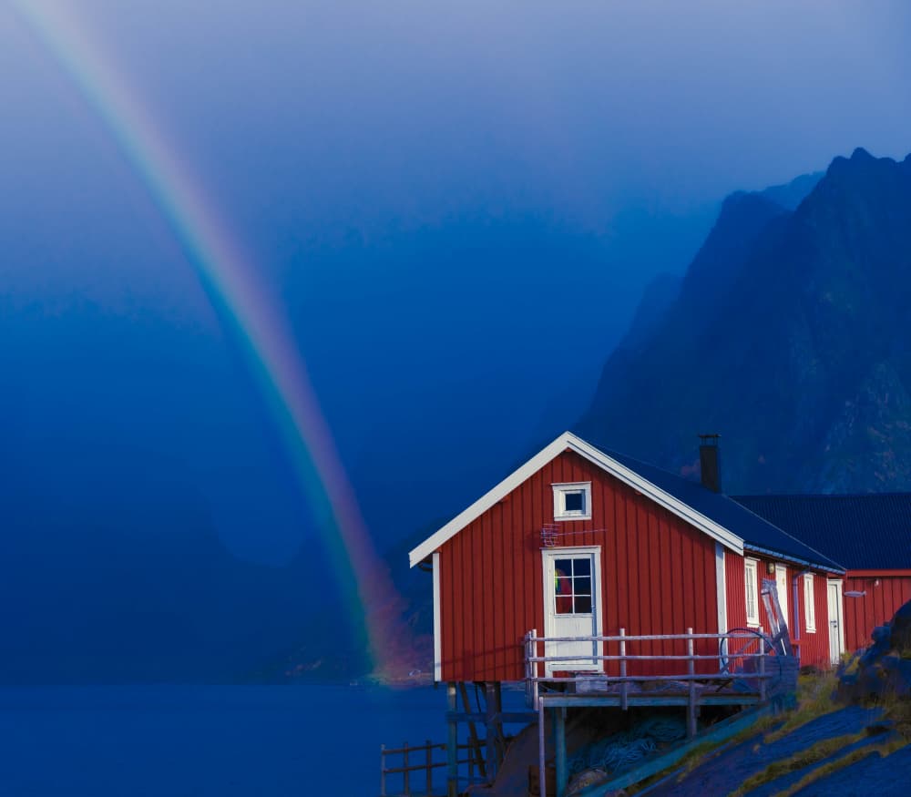 Red Cabin Rainbow View by Mette Caroline Strøksnes — canvas wall art