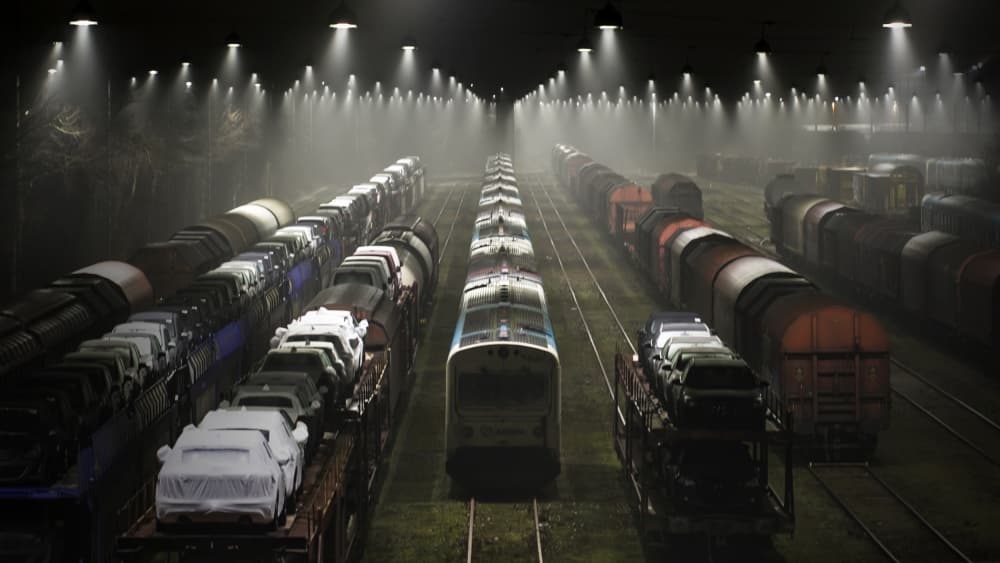 Misty Night Train Yard by Leif Løndal — canvas wall art