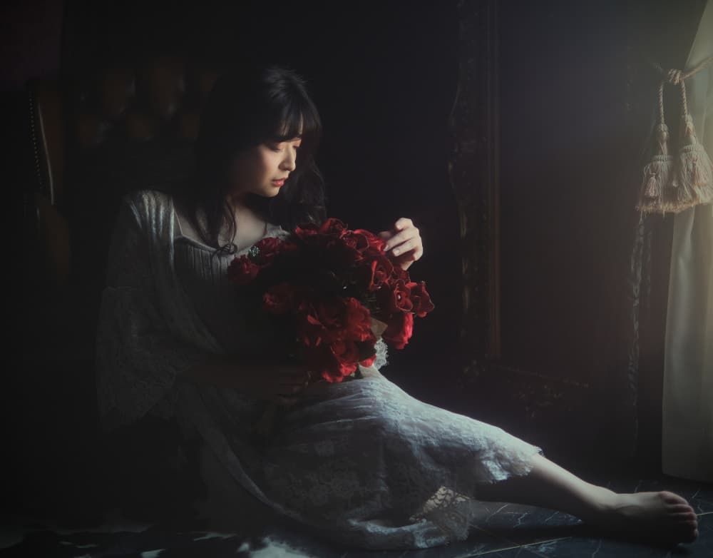 Pensive Woman Red Flowers by Blue_Rose — canvas wall art