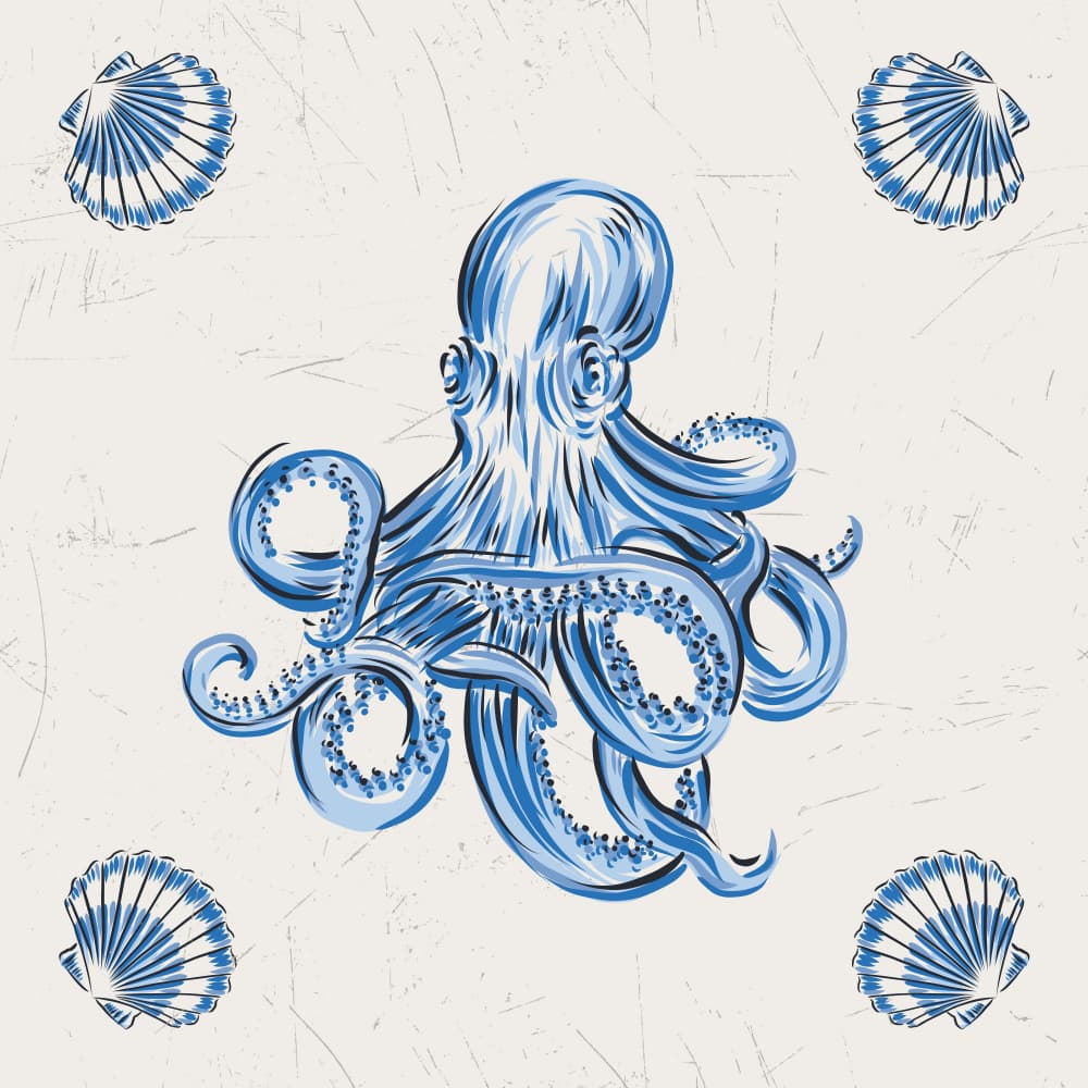 Blue Octopus and Scallops by Alexandra Weise — canvas wall art