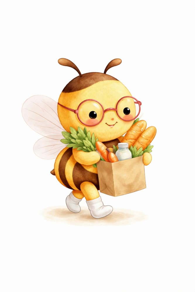 Happy Bee With Groceries by Anda Bieza — canvas wall art