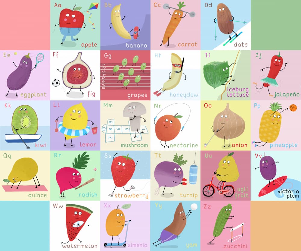 Playful Produce Alphabet by Carla Daly — canvas wall art