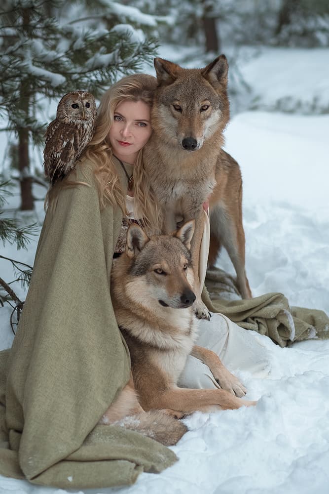Wild Winter Woman Wolves by Olga Barantseva — canvas wall art
