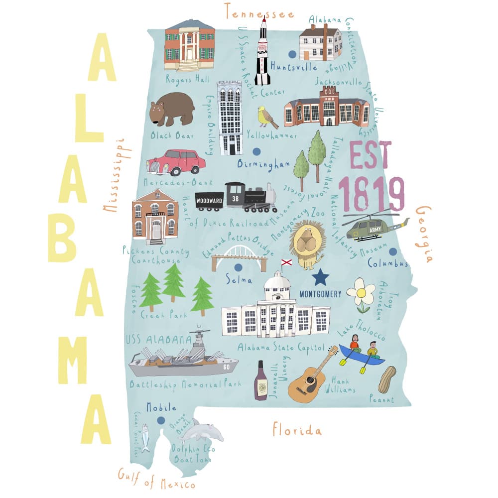 Beautiful Southern State of Alabama by Illustrator Carla Daly by Carla Daly — canvas wall art