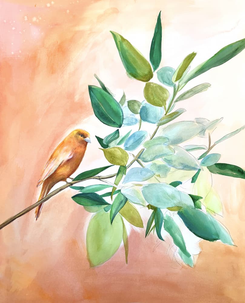 Orange Bird on Branch by Christine Lindstrom — canvas wall art