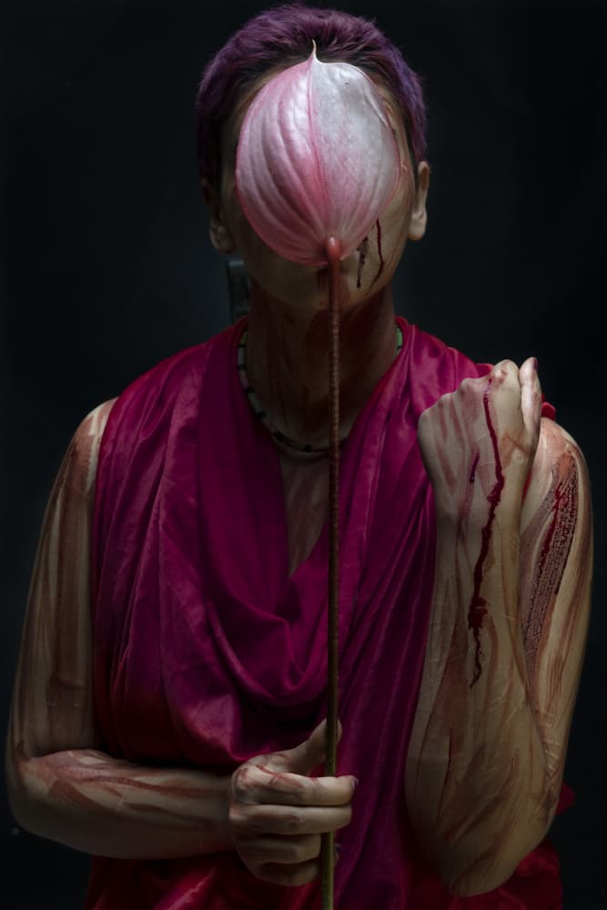 Crimson Anthurium Mask by Mitra Bahmani — canvas wall art