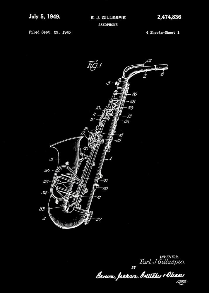 Vintage Saxophone Patent by Andreas Magnusson — canvas wall art