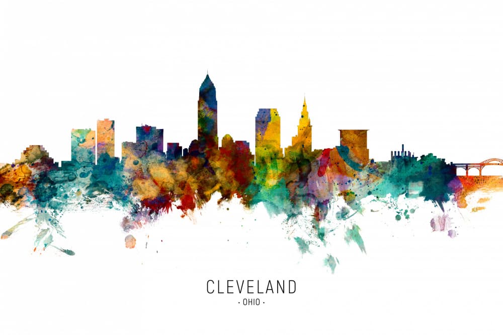 Cleveland Watercolor Skyline by Michael Tompsett — canvas wall art