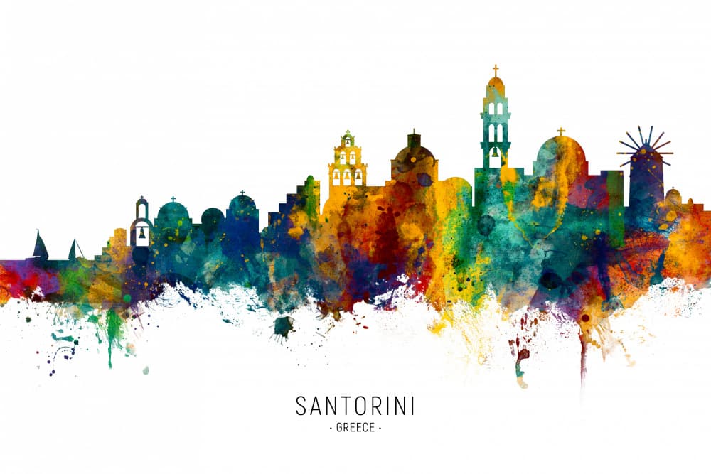 Santorini Watercolor Skyline by Michael Tompsett — canvas wall art