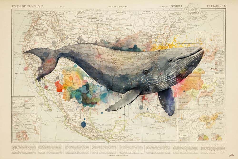 Watercolor Whale Map by thomas chedeville — canvas wall art