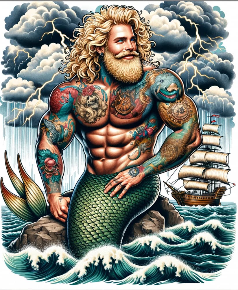 Bearded Merman Stormy Sea by David Galan — canvas wall art