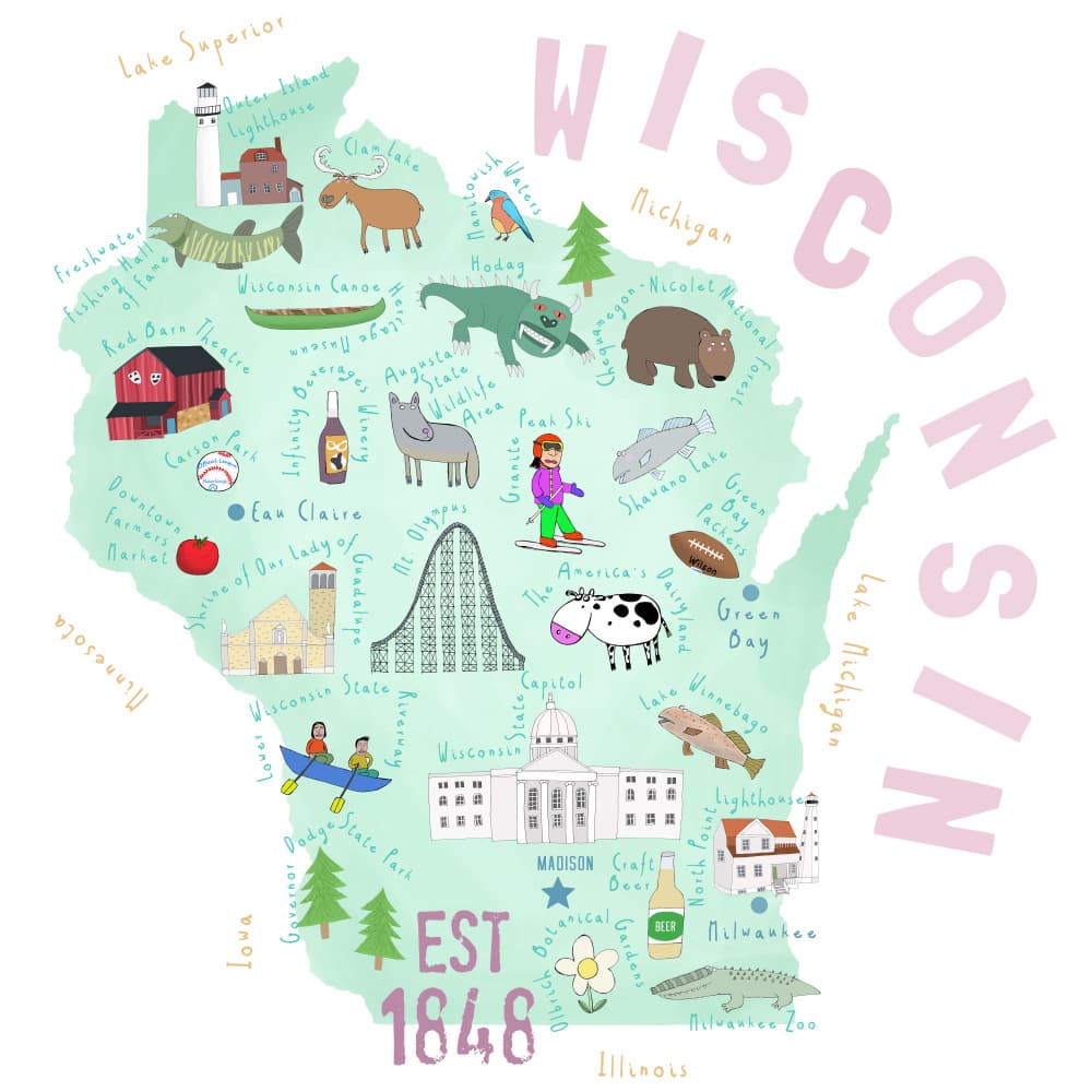 Whimsical Wisconsin Map by Carla Daly — canvas wall art