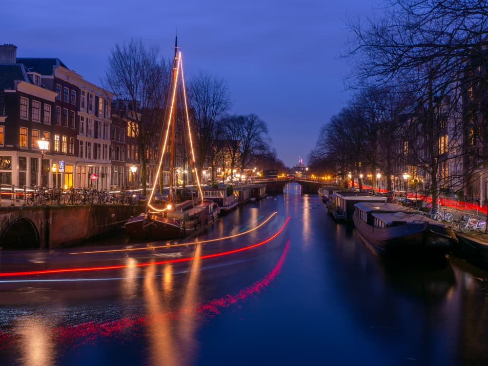 Amsterdam Canal Night Lights by Henk Goossens — canvas wall art