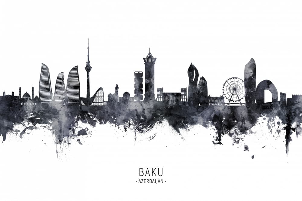 Baku City Skyline Watercolor by Michael Tompsett — canvas wall art