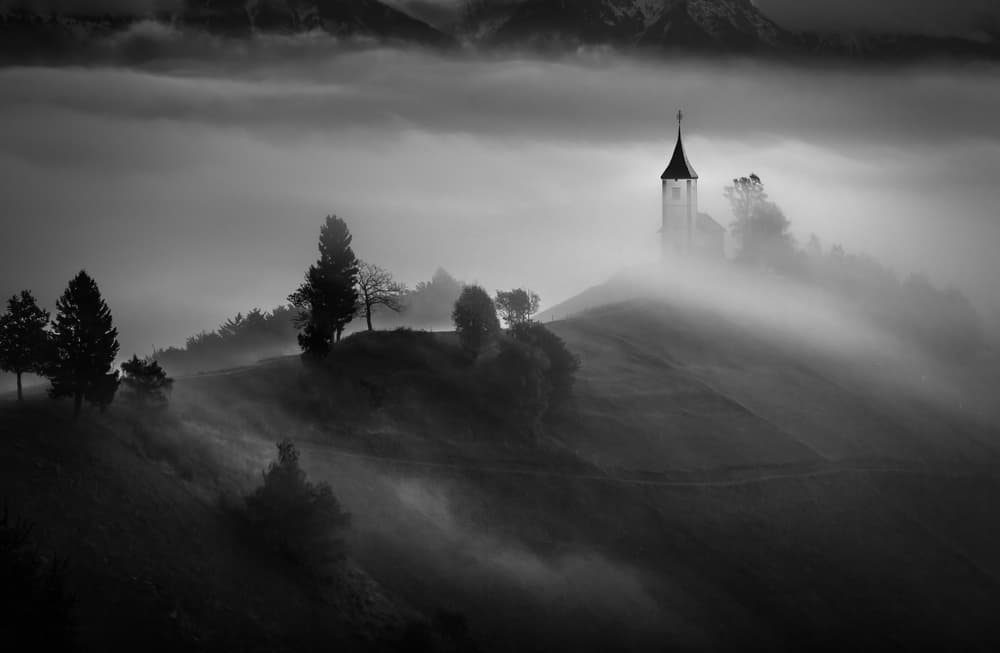 Misty Hilltop Church by Sandi Bertoncelj — canvas wall art