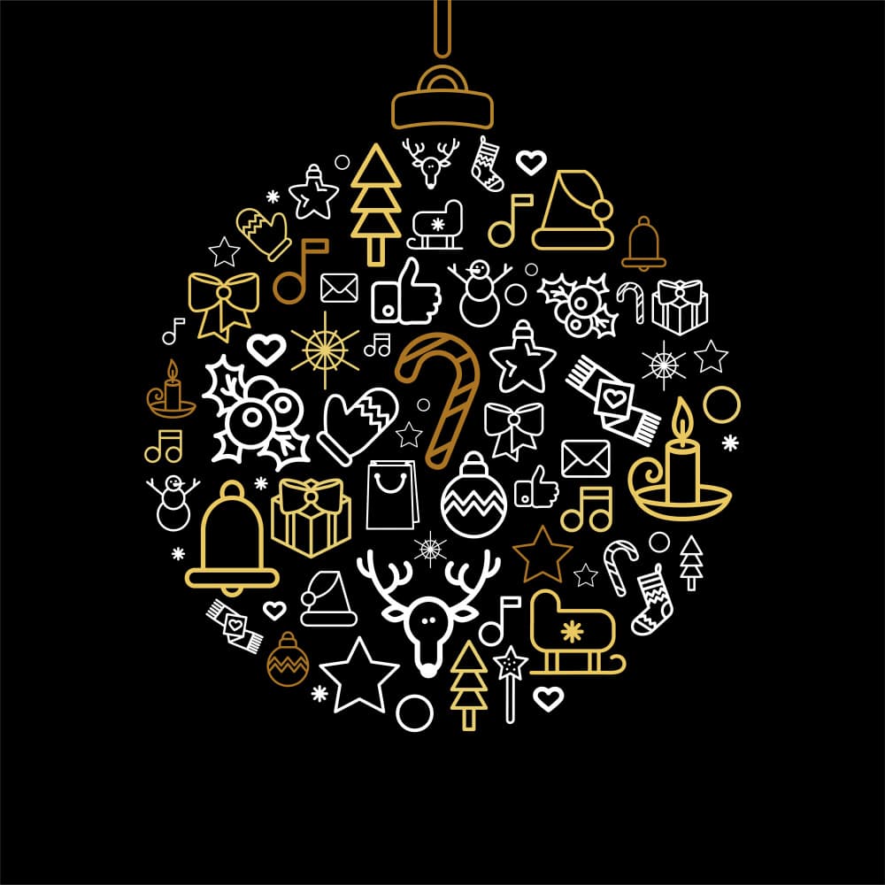 Golden Holiday Ornament Icons by Marika Barsrsind — canvas wall art