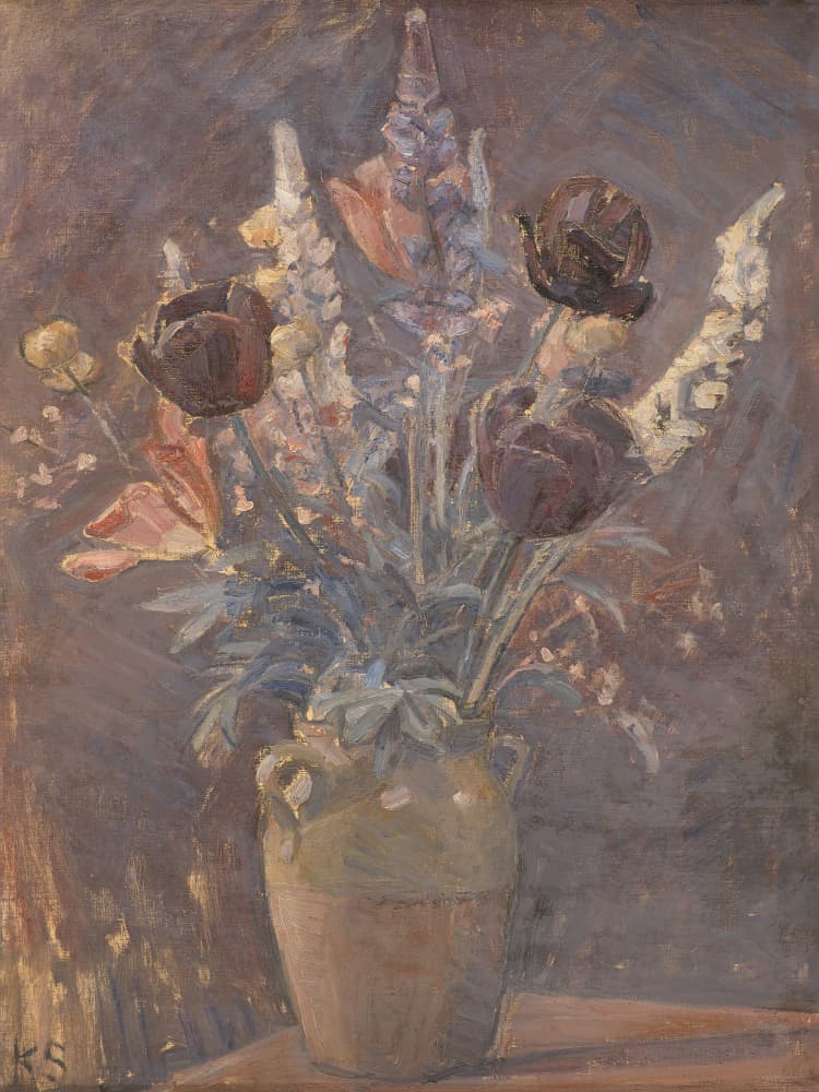 Clay Vase With Tulips and Other Flowers By Karl Schou