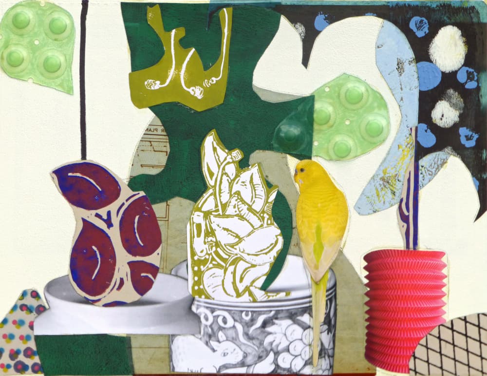 Whimsical Parakeet Collage by Pascal Marlin — canvas wall art