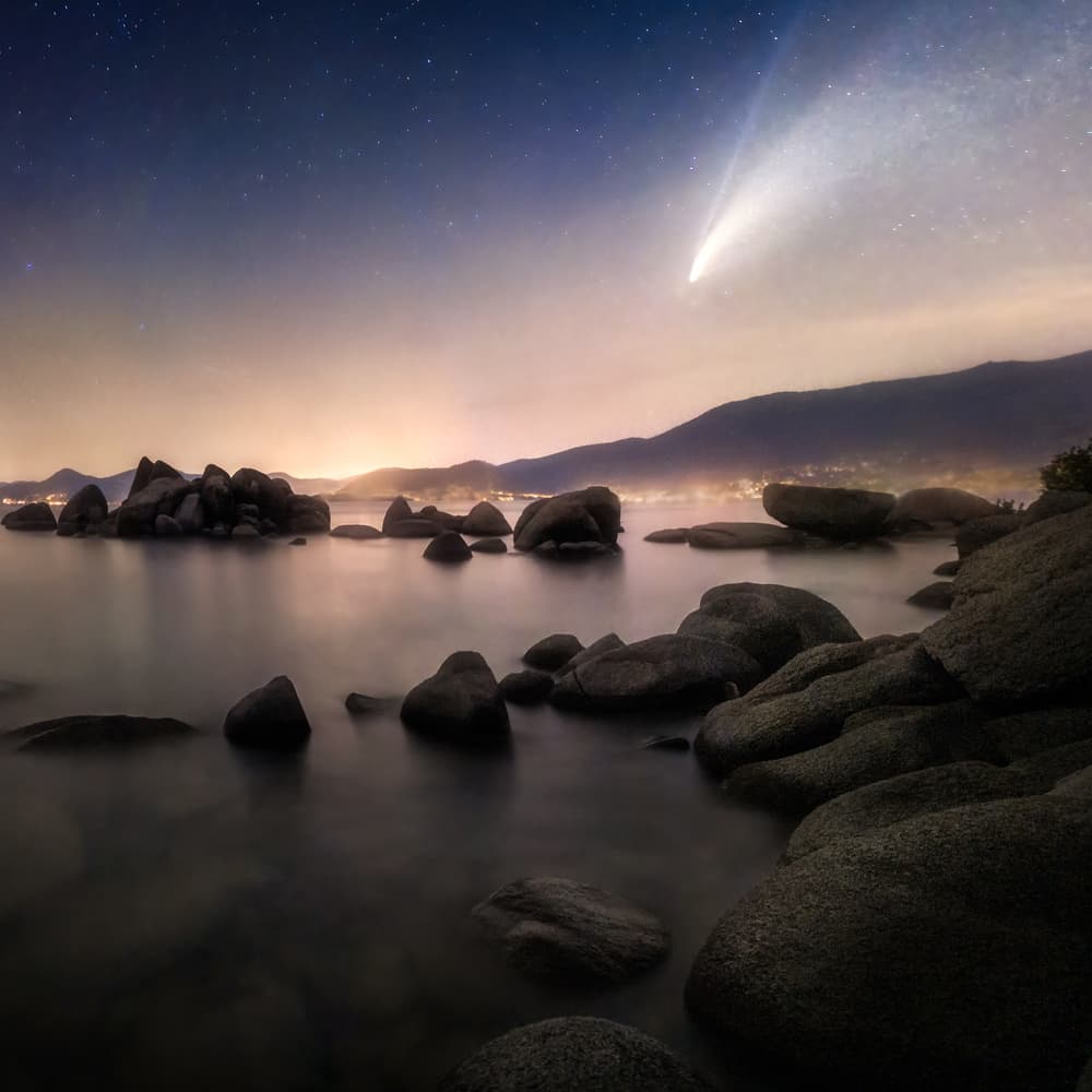 Comet Over Rocky Waters by Jennie Jiang — canvas wall art