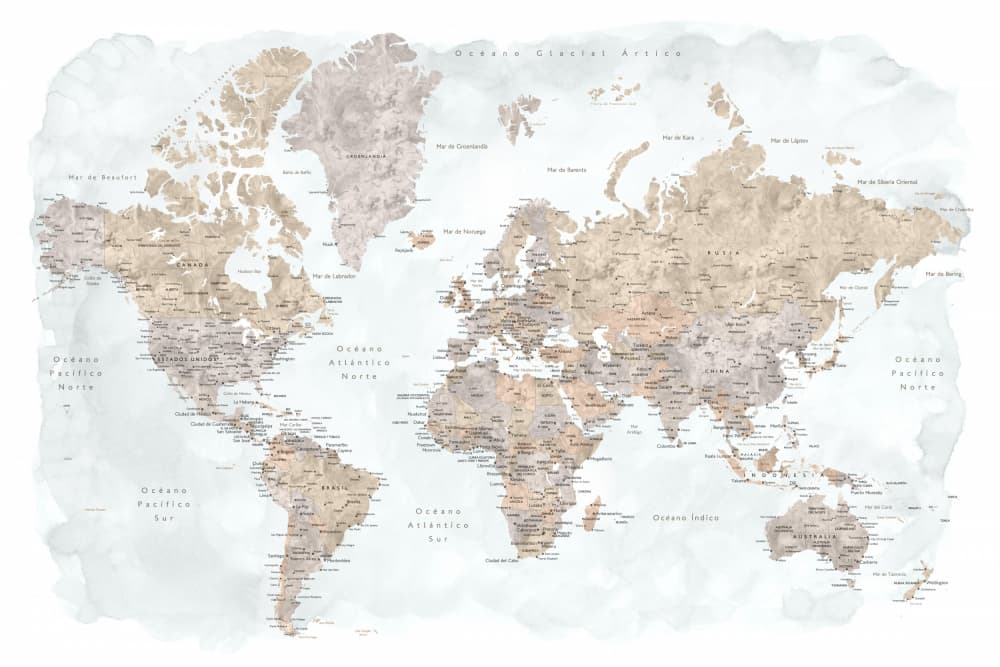 Muted Watercolor World Map by Rosana Laiz Blursbyai — canvas wall art