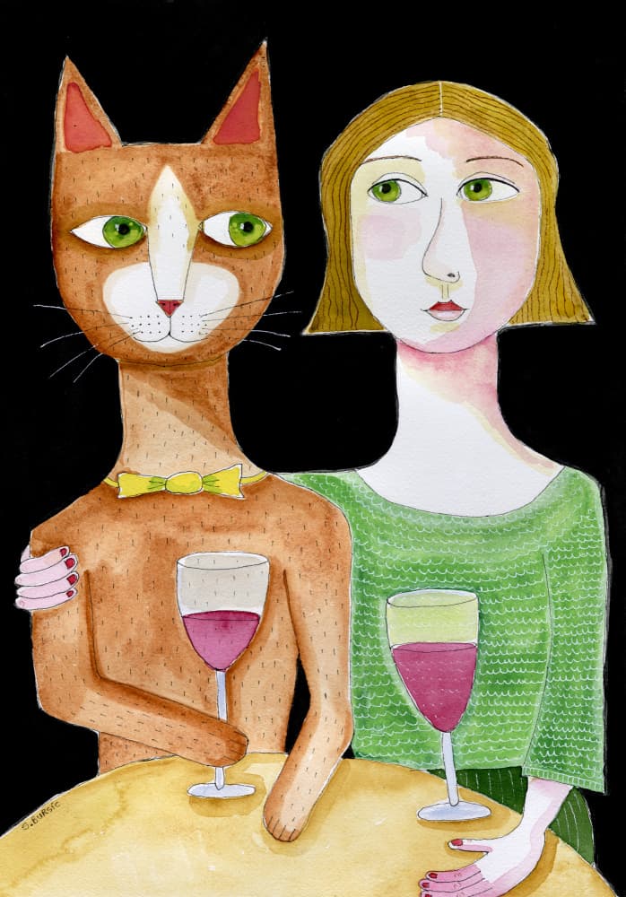 Whimsical Cat Wine Date by Sharyn Bursic — canvas wall art