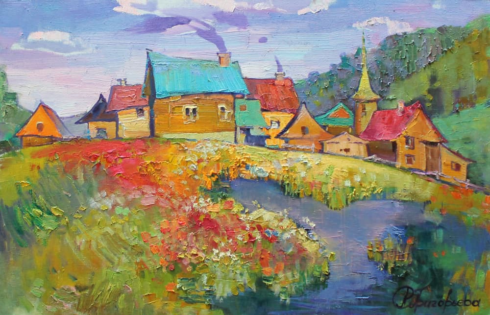 Vibrant Village River Meadow by Anastasiia Grygorieva — canvas wall art