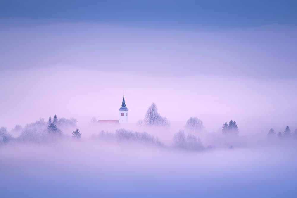 Church in Purple Mist by Ales Komovec — canvas wall art