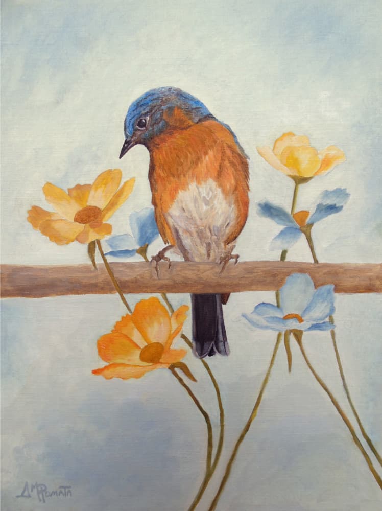 Spring Bluebird and Flowers by Angeles M. Pomata — canvas wall art