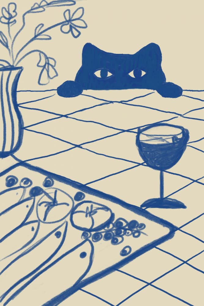 Curious Blue Cat Dinner by The Art Concept — canvas wall art