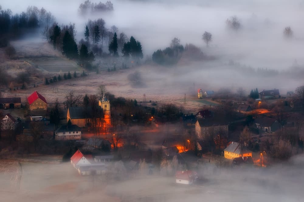 Misty Village Glow by Piotr Krol (Bax) — canvas wall art