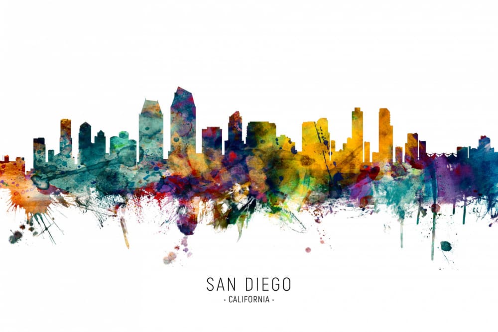 San Diego Watercolor Skyline by Michael Tompsett — canvas wall art