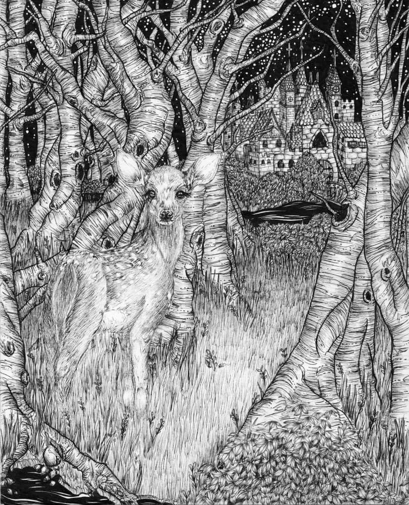 Enchanted Fawn Castle Night by EC Mazur — canvas wall art
