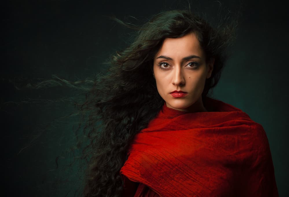 Dramatic Woman In Red by Mehdi Mokhtari — canvas wall art