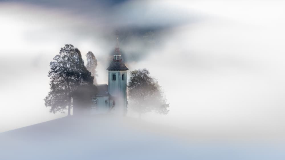 Misty Mountain Church by Bor — canvas wall art