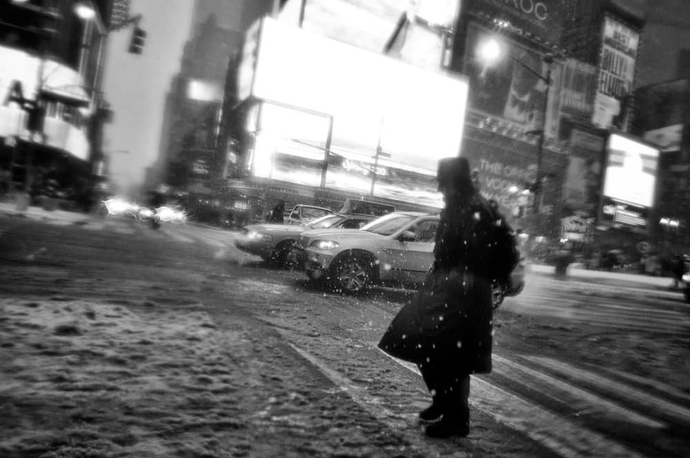 Snowy City Night Walk by Martin Froyda — canvas wall art