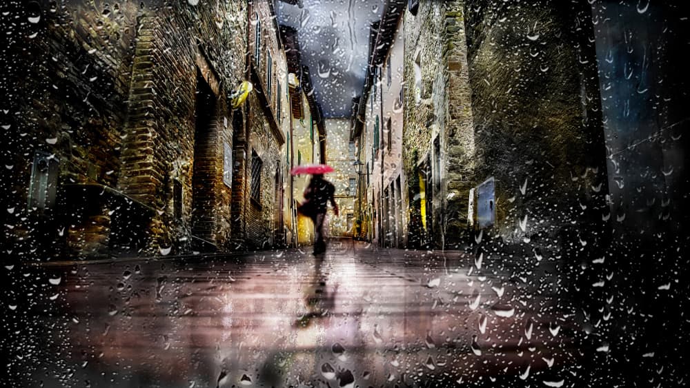 Red Umbrella Rainy Street by Nicodemo Quaglia — canvas wall art