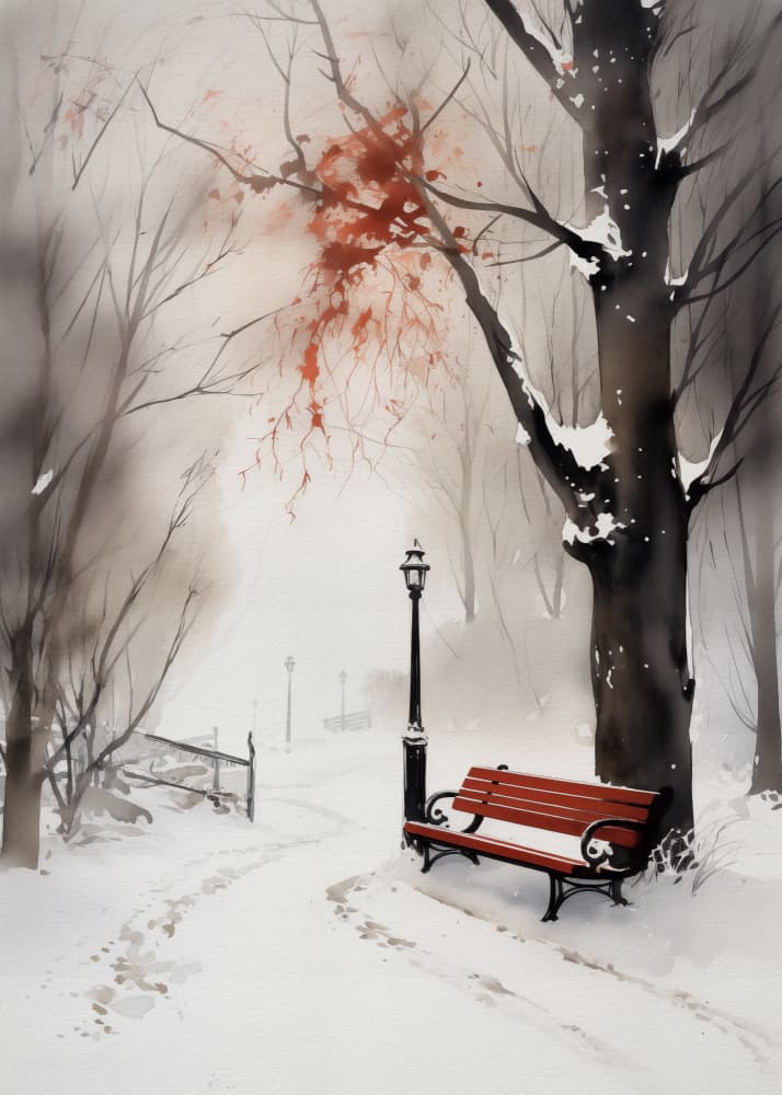 Snowy Park Red Bench by Andreas Magnusson — canvas wall art