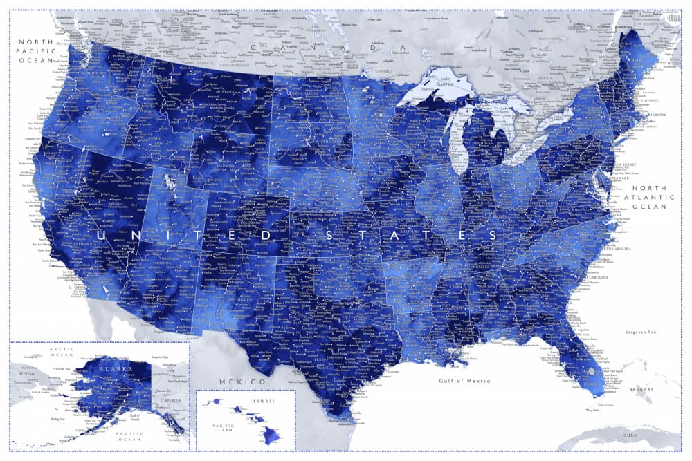 Detailed USA Map by Rosana Laiz Blursbyai — canvas wall art