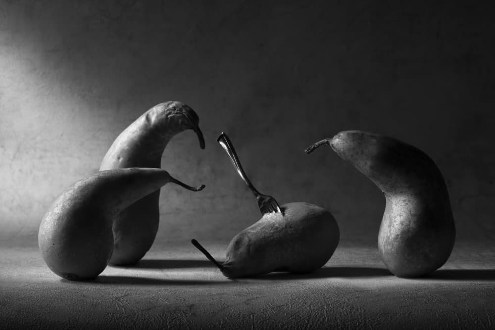 Pears And Fork Drama by Victoria Glinka — canvas wall art