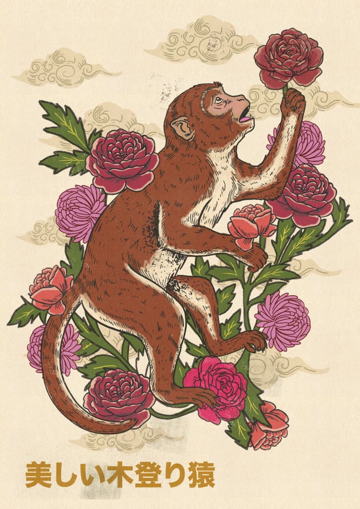 Climbing Monkey with Peonies by Nicholas — canvas wall art