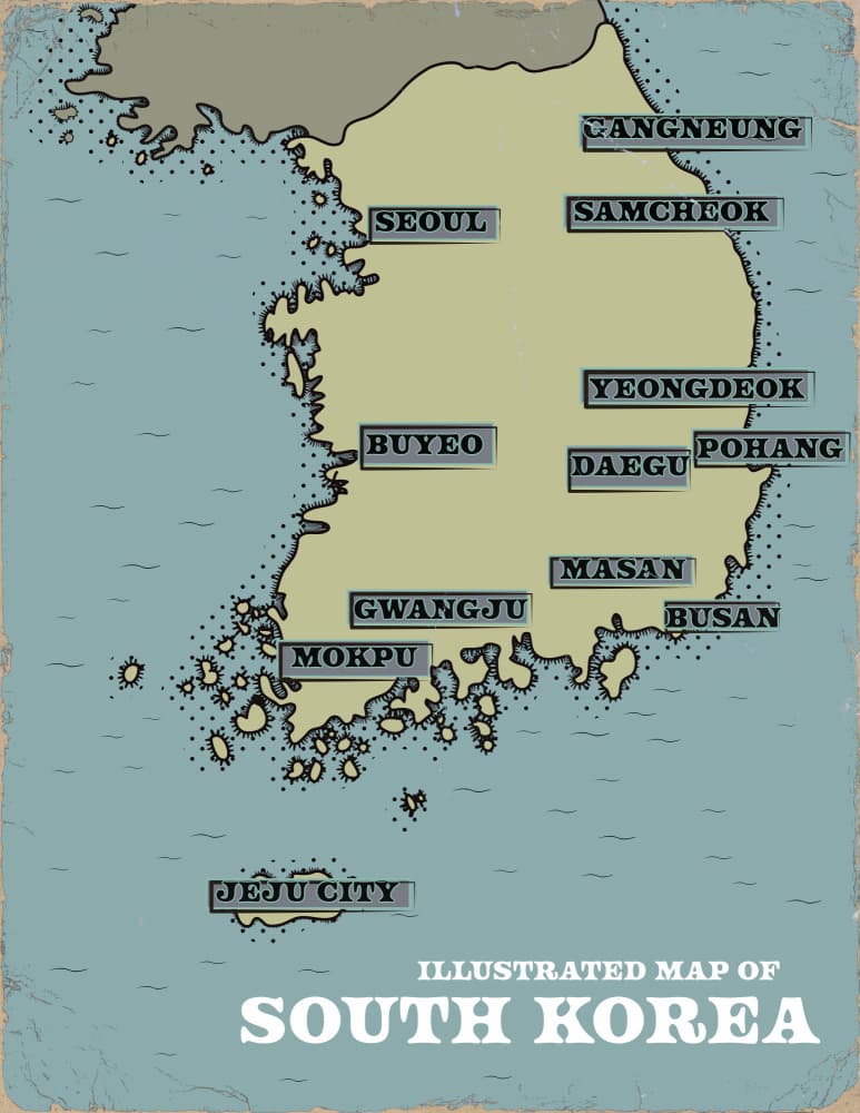 Illustrated South Korea Map by Nicholas — canvas wall art